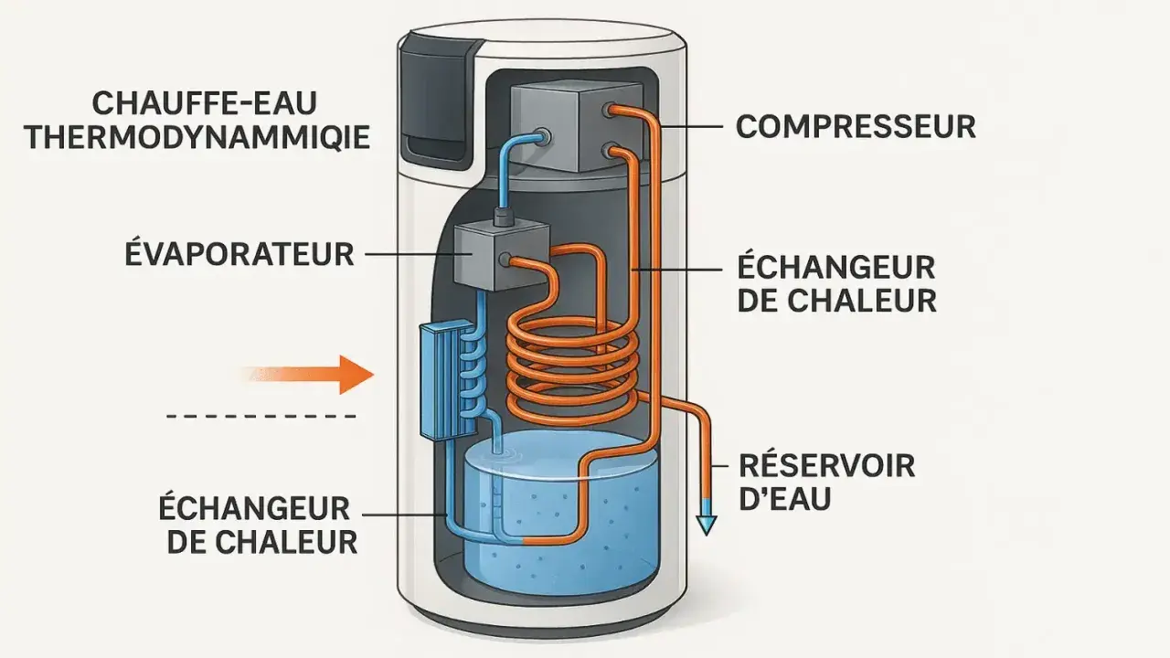 Schéma d'un chauffe-eau thermodynamique : évaporateur, compresseur, échangeur de chaleur et réservoir d'eau.