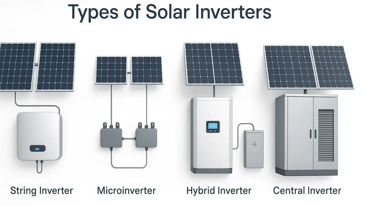 Olika typer av solcellsinverterare: sträng-, mikro-, hybrid- och centralinverterare.