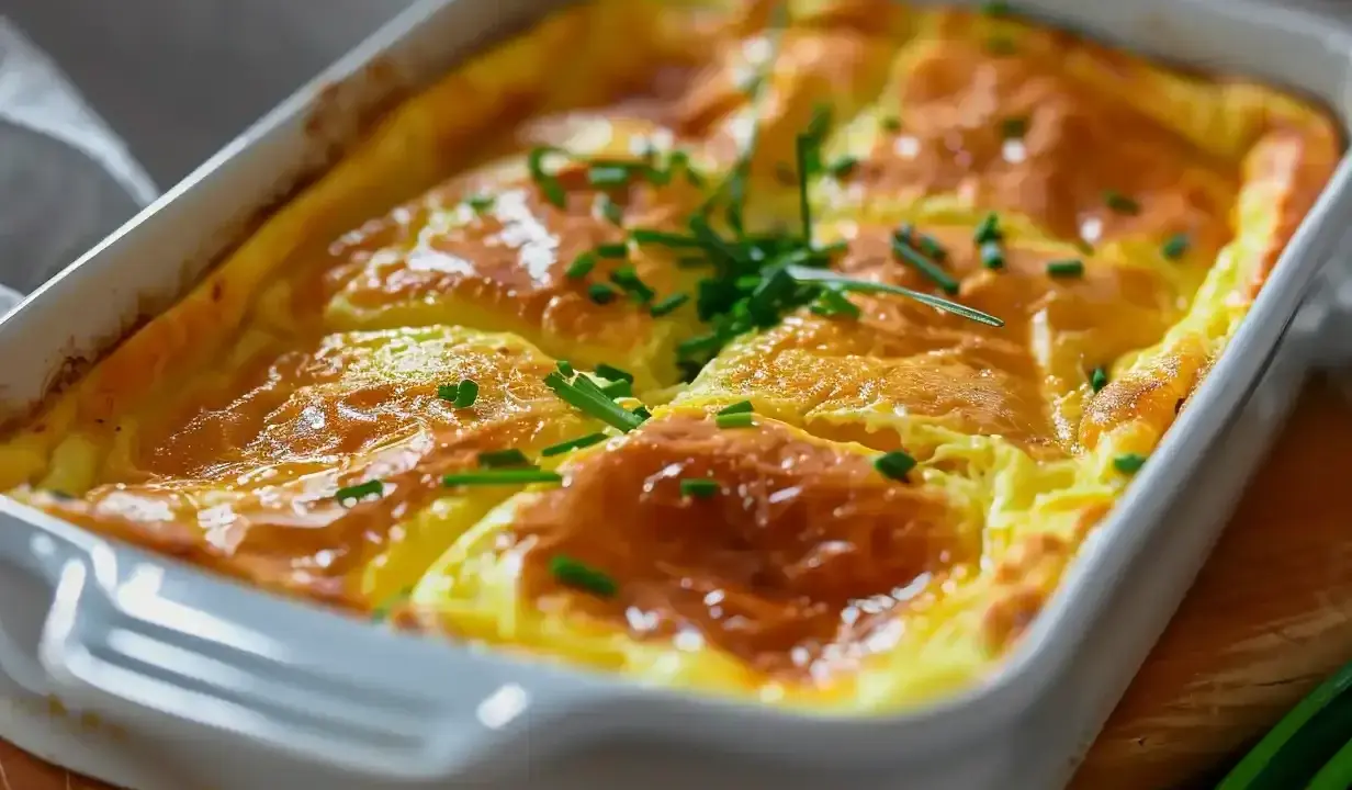 En gyllene omelett i ugn, fluffig och toppad med färsk gräslök. Perfekt för en mysig frukost eller brunch.