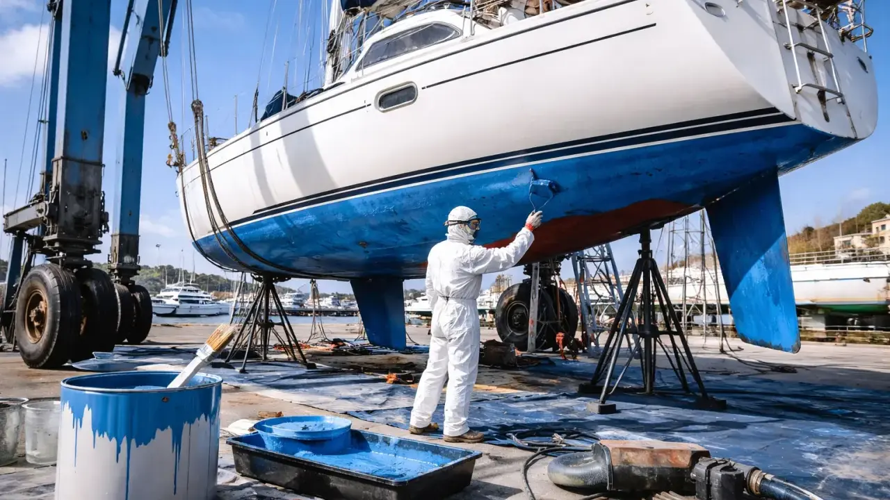 Peinture d'un bateau en cale sèche, un ouvrier en combinaison applique la peinture bleue. Le prix peinture bateau au m2 est calculé pour ce type de travail.