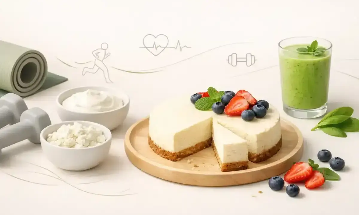Pyszny, lekki sernik z owocami, obok zielony koktajl, twaróg i jogurt. Idealny fit posiłek po treningu.