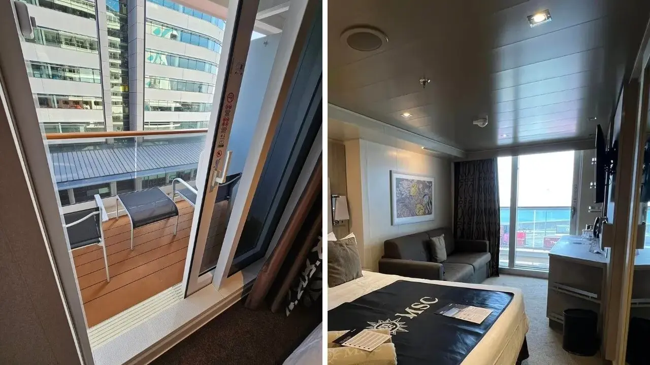 Interno di una crociera cabina con balcone. Vista sul balcone con tavolino e sedie, e la camera da letto con letto e divano.