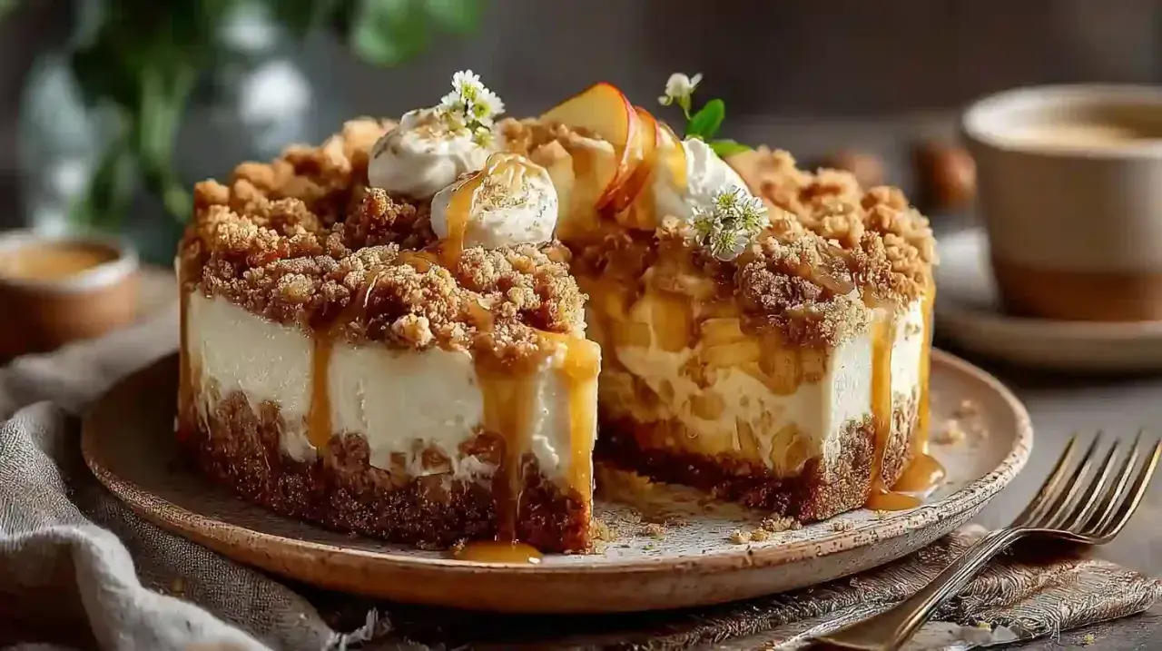 Ein köstlicher Apfel-Crumble-Käsekuchen, dekoriert mit Sahne und Karamell. Ein perfektes Crumble Rezept für Genießer.