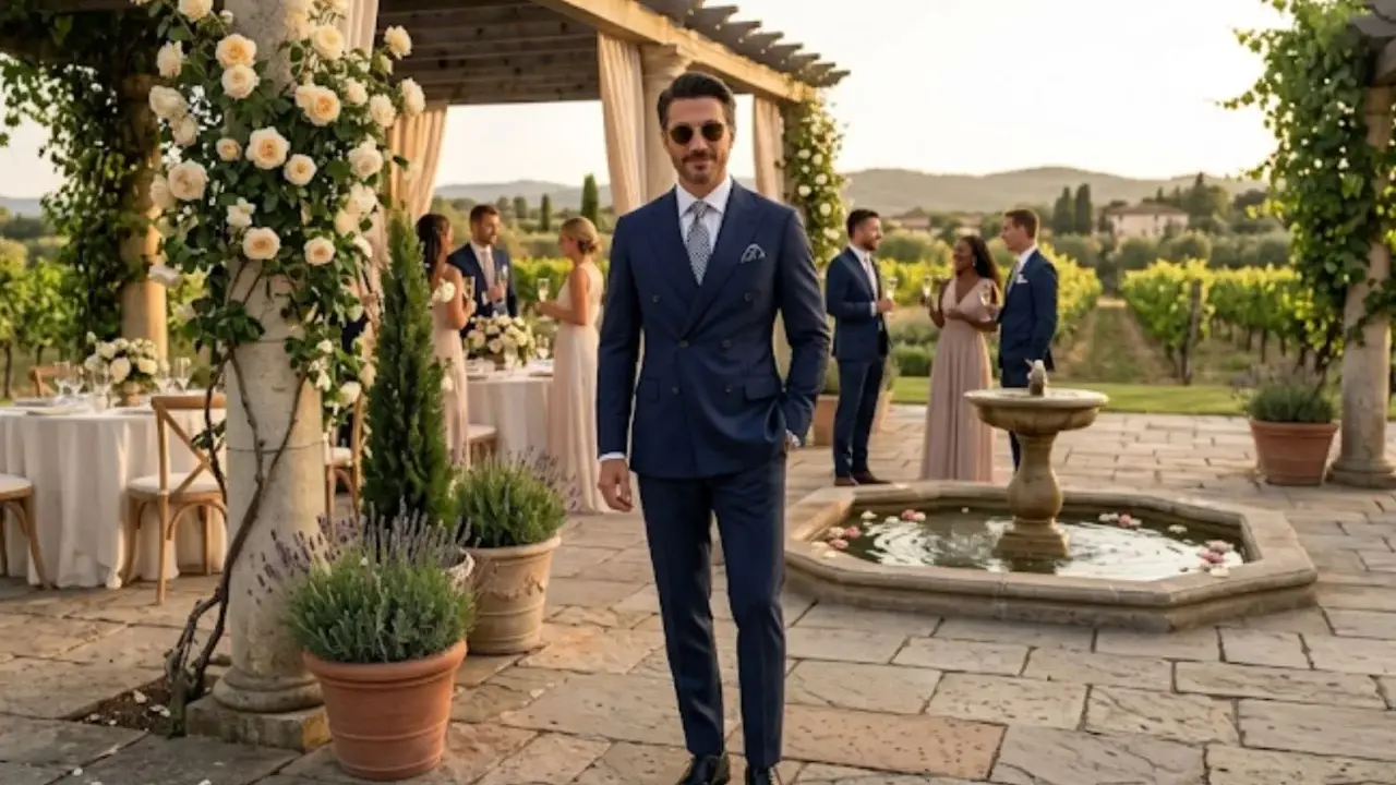 Sharp navy double-breasted suit, perfect for summer wedding suit ideas. Guests mingle by a fountain in a vineyard setting.