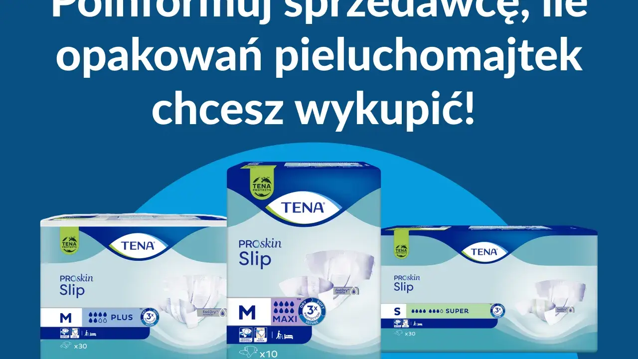 Pieluchomajtki TENA PROskin Slip - informacja o refundacji dla osób ze znacznym stopniem niepełnosprawności. Wybierz rozmiar i ilość.