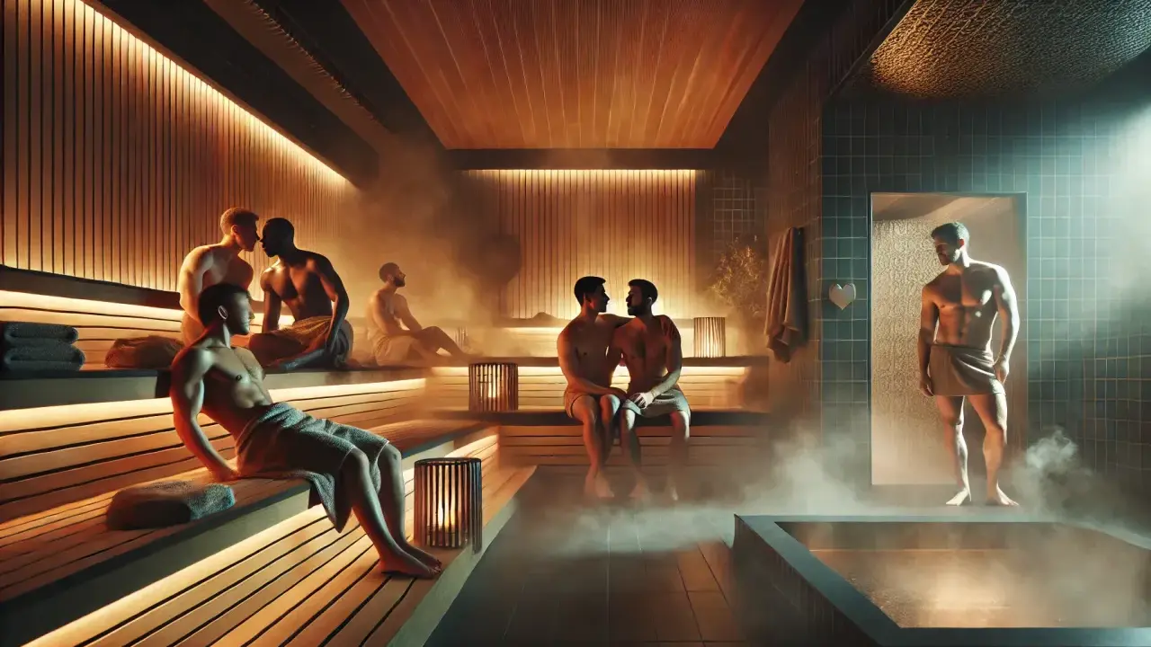 Men relax in a steamy gay sauna in Osaka. Warm lighting and wooden benches create a serene atmosphere.