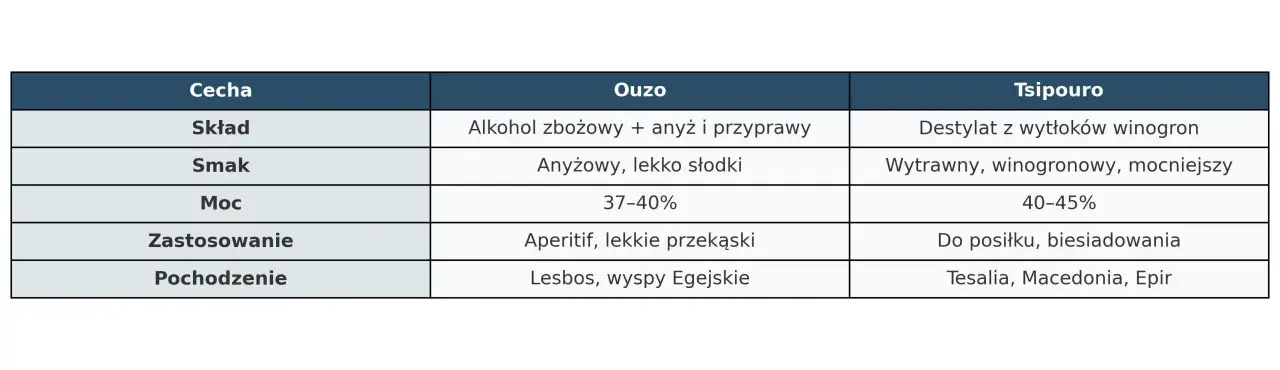 Tabela porównująca Ouzo i Tsipouro, dwa rodzaje greckiego alkoholu: skład, smak, moc i pochodzenie.