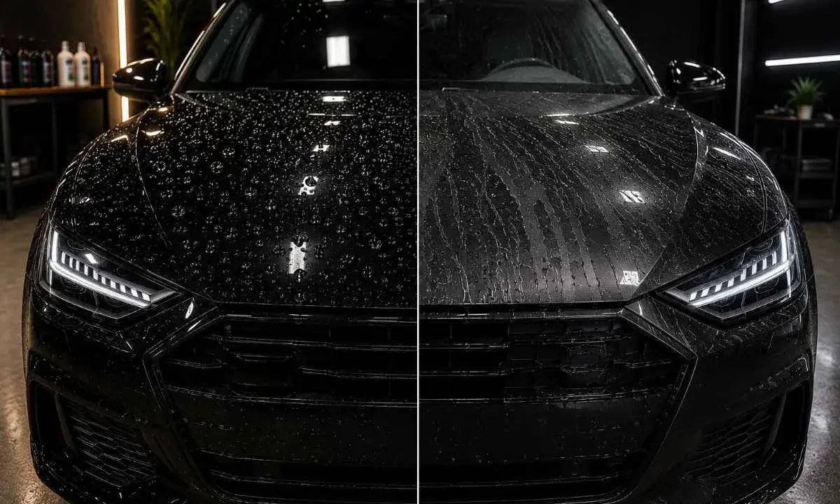 Porównanie: lewa strona maski czarnego Audi z perlistymi kroplami wody, prawa strona z wodą spływającą smugami. Efekt ochrony lakieru samochodowego.