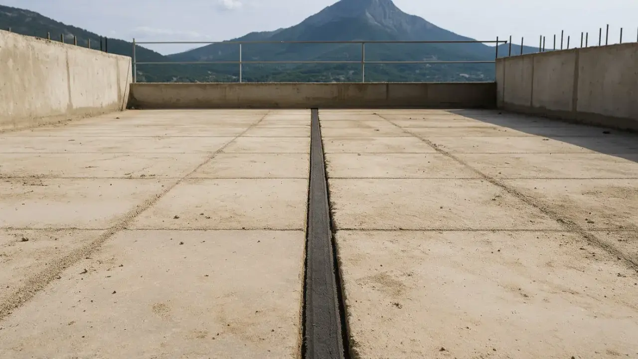 Una junta de dilatación divide el suelo de baldosas de hormigón en una terraza con vistas a una montaña.