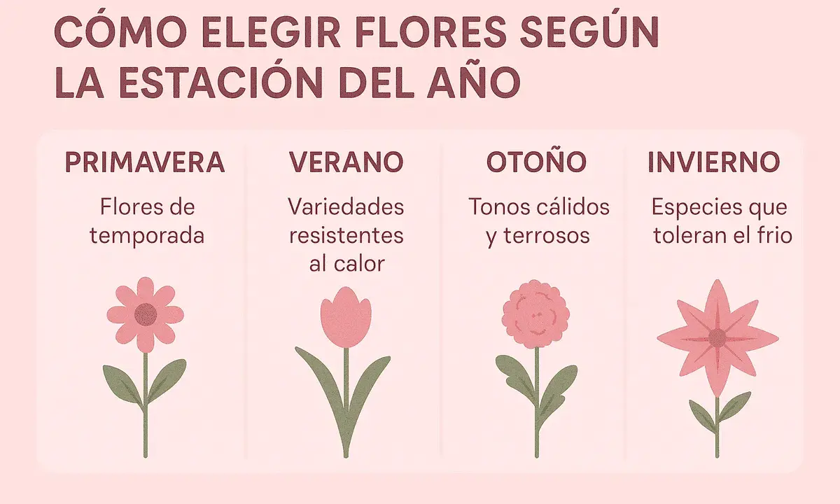 Guía para elegir tipos de flores según la estación: primavera (flores de temporada), verano (resistentes al calor), otoño (tonos cálidos) e invierno (toleran el frío).