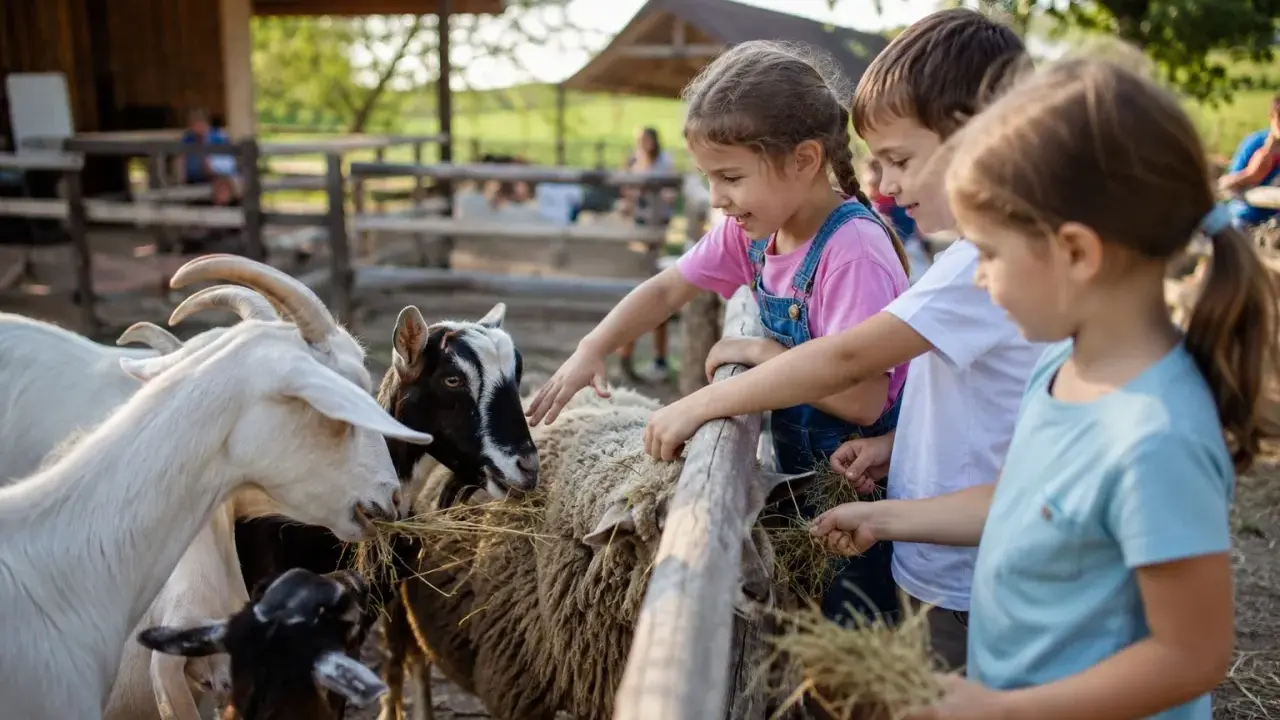 Bambini felici che danno da mangiare a capre e pecore in un agriturismo, un luogo ideale con animali per bambini.