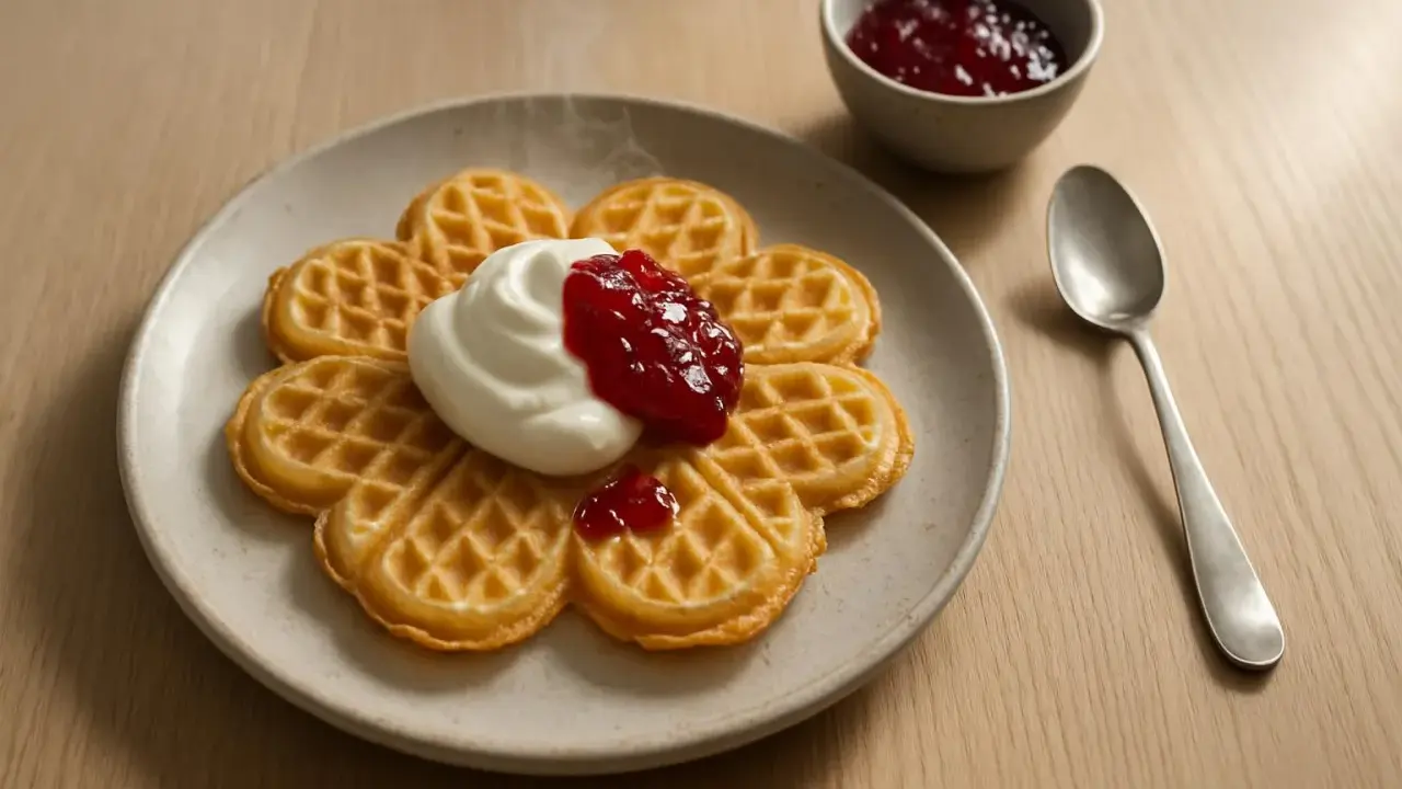 Blommformade våfflor med vispad grädde och sylt, perfekt för ett mysigt fika. Ett enkelt recept på våfflor som alla älskar.