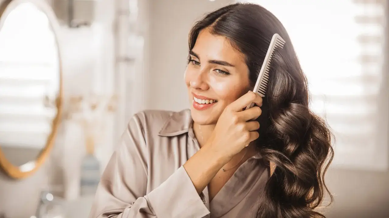 Donna sorridente si pettina i capelli scuri e ondulati, che appaiono lucidi come dal parrucchiere.