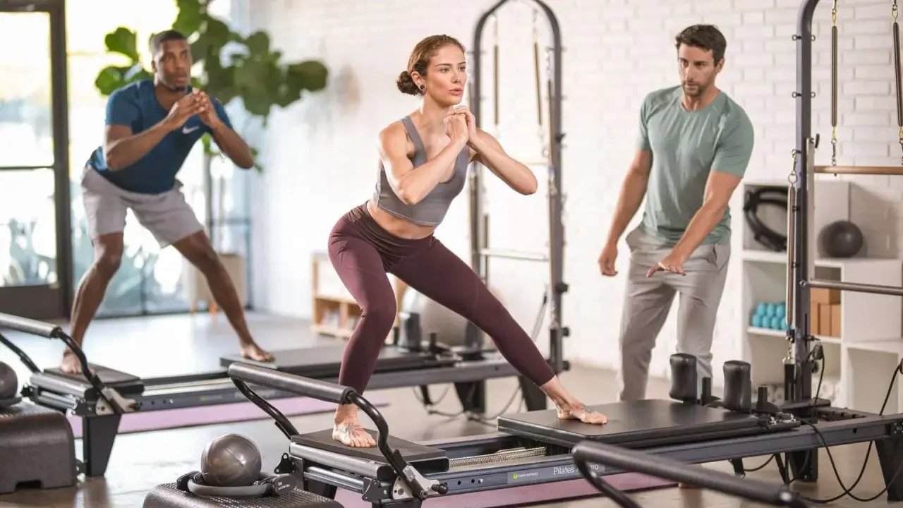 Persone che praticano pilates su reformer, un allenamento che migliora forza e flessibilità.