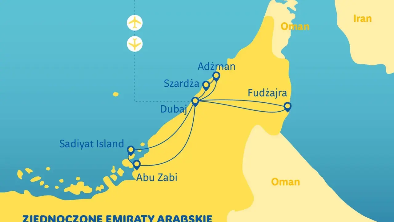 Mapa Zjednoczonych Emiratów Arabskich z zaznaczonym Dubajem, Szardżą, Adżmanem, Fudżajrą, Abu Zabi i wyspą Sadiyat. Pokazuje trasy podróży między tymi miejscami.