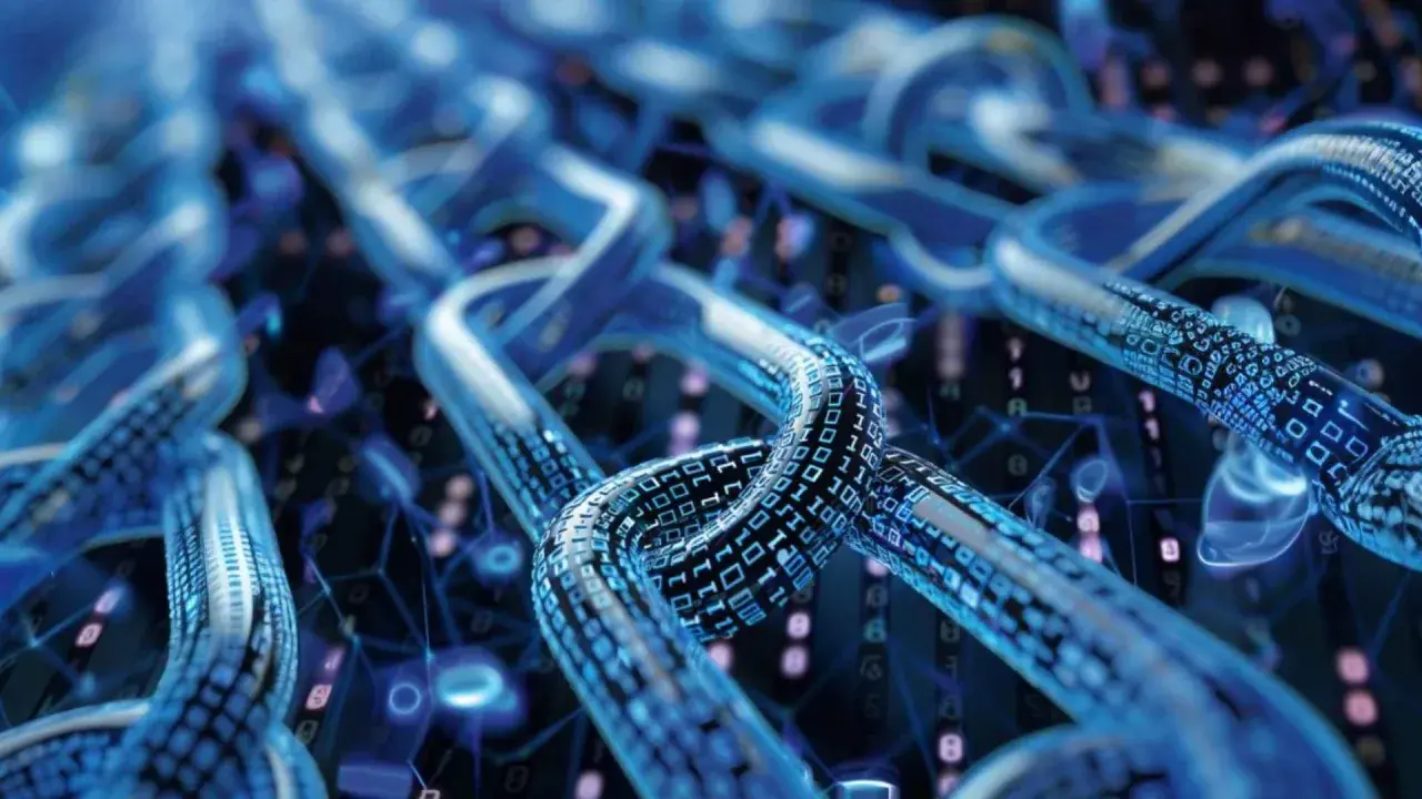 Połączone ogniwa cyfrowego łańcucha, symbolizujące technologię sui blockchain, wypełnione danymi binarnymi.