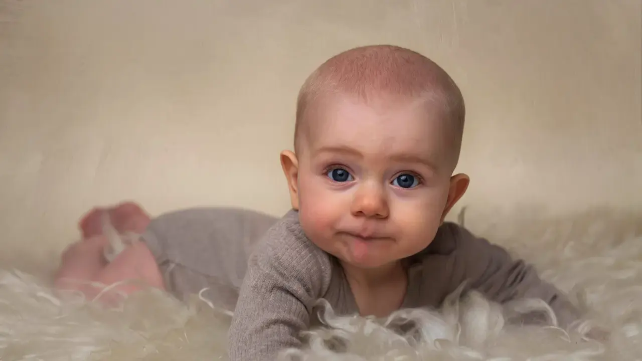 Niebieskooki maluch na miękkim futerku, ćwiczy pełzanie, kiedy tylko ma okazję.