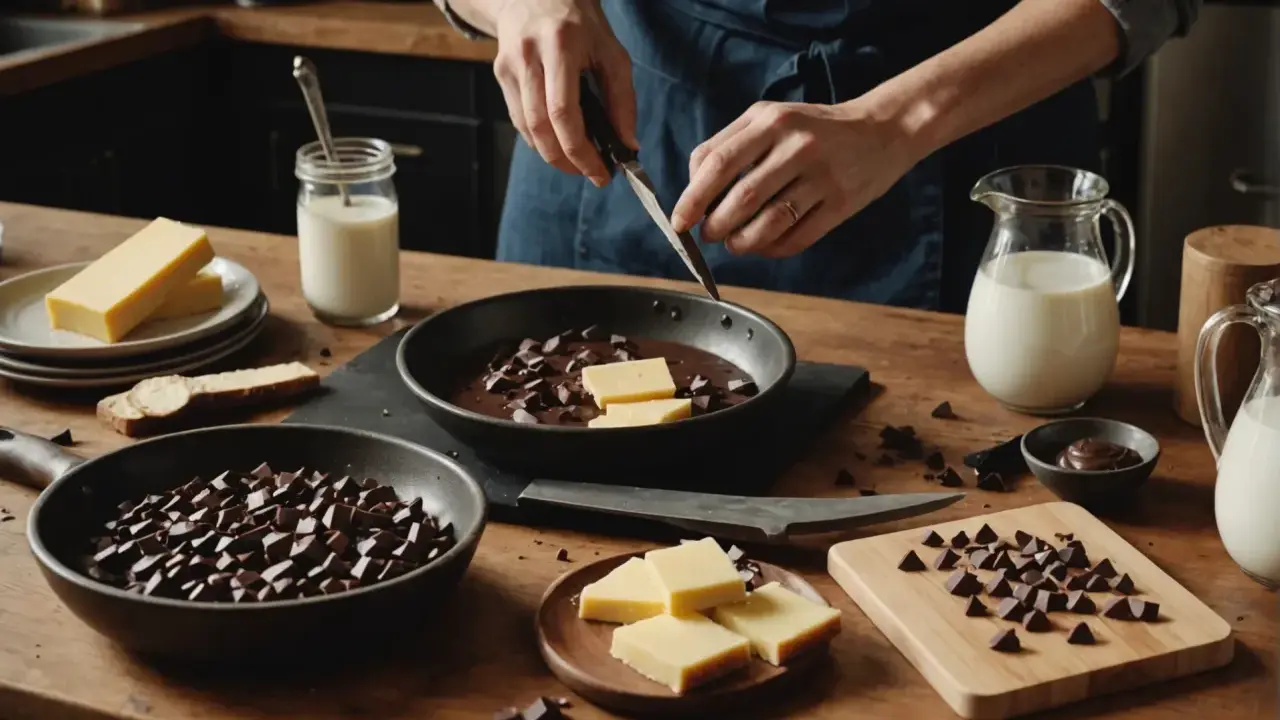 Préparation pour comment faire du chocolat au lait avec du chocolat noir : chocolat noir haché, lait, et des morceaux de beurre dans une poêle.