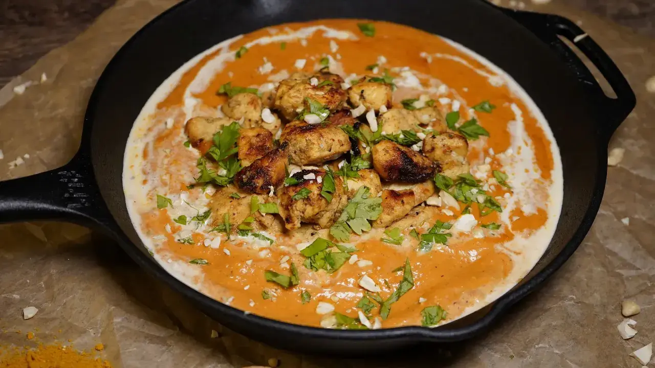 Ein authentisches Butter Chicken Rezept original in einer Gusseisenpfanne, garniert mit Koriander und gehackten Mandeln.