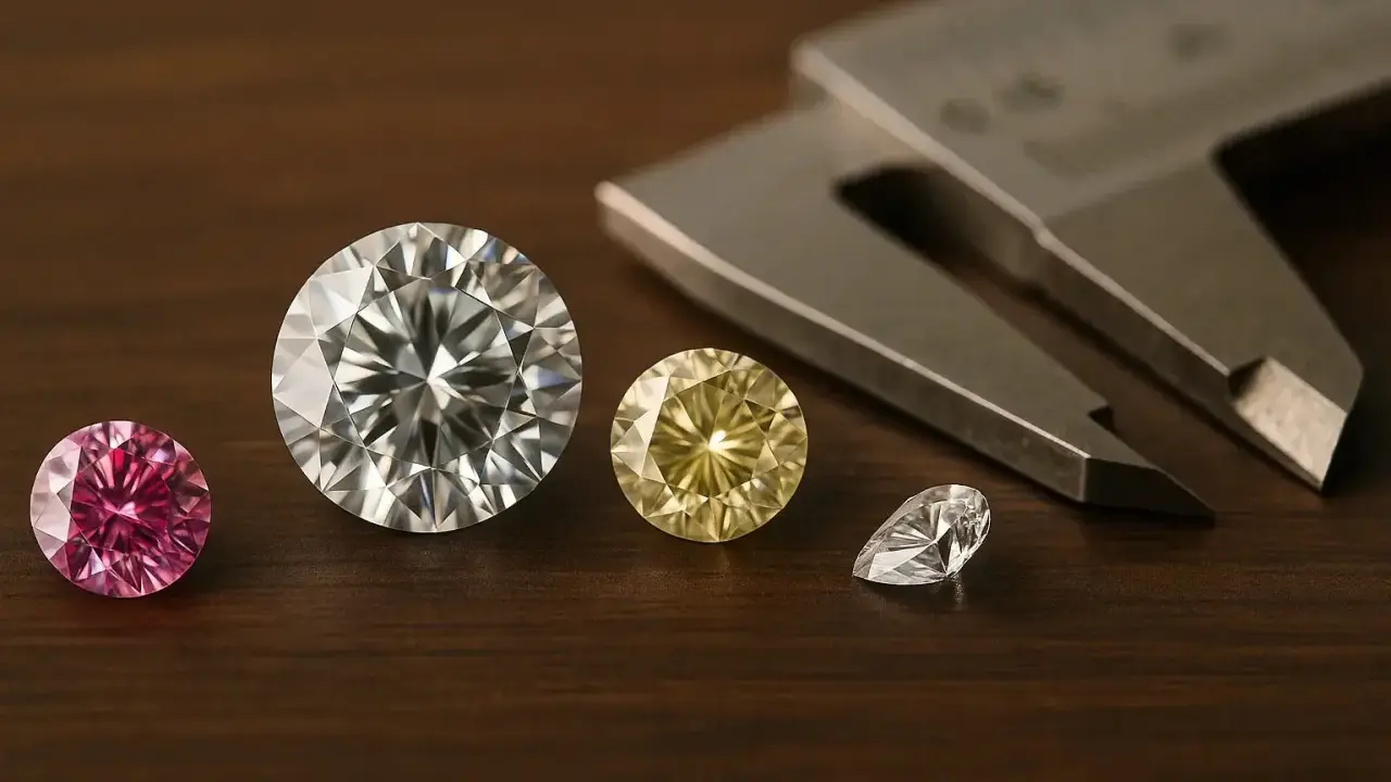 Różowe, białe i żółte diamenty obok suwmiarki. Zastanawiasz się, ile kosztuje diament?