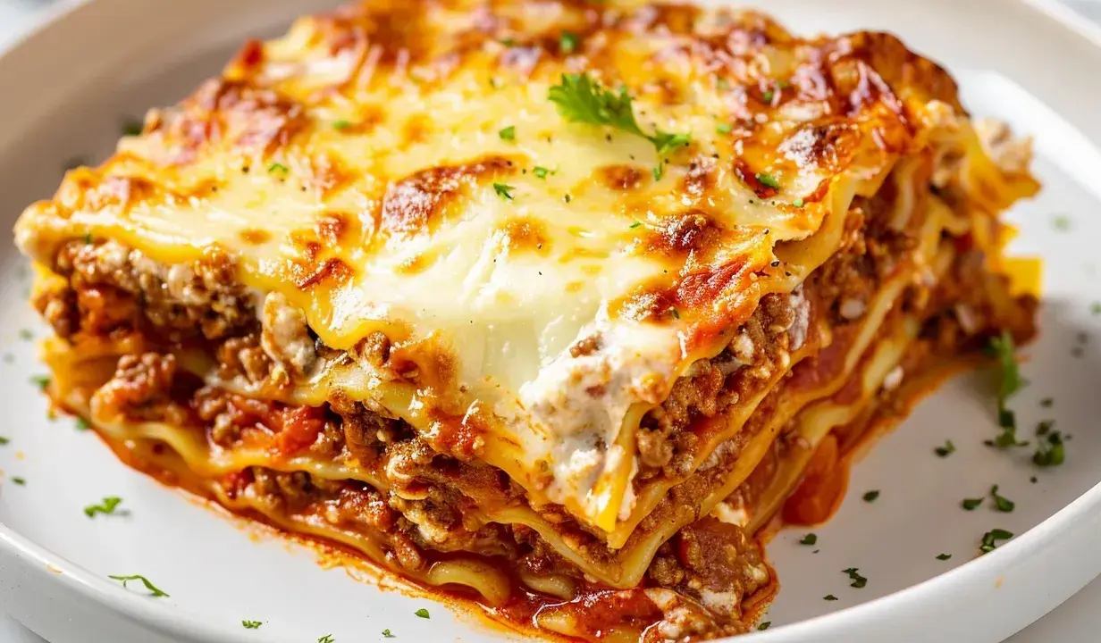 En saftig bit lasagne med lager av köttfärssås, béchamelsås och nybakade lasagneplattor, toppad med smält ost och persilja.