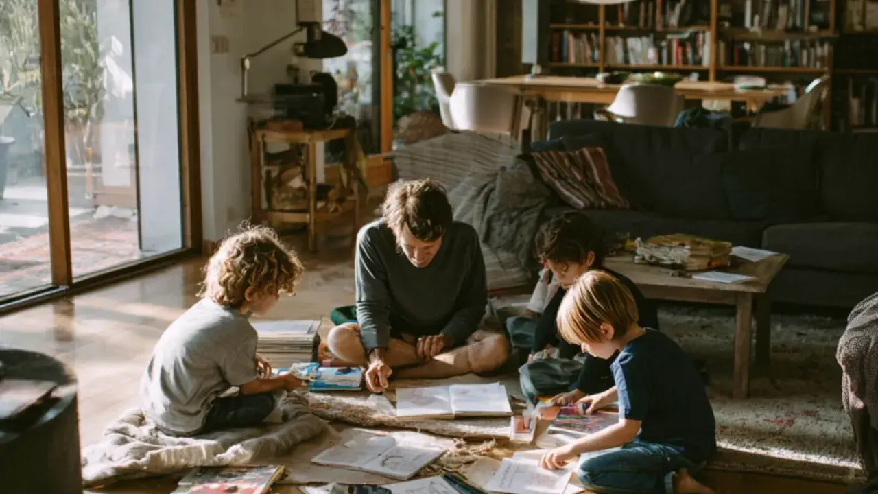 Padre enseña a sus hijos, incluyendo uno de 5 años, a leer y dibujar en el suelo.