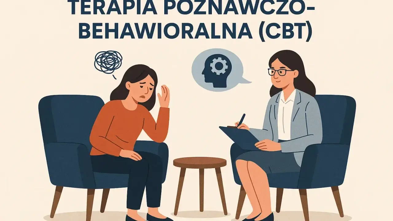 Kobieta w fotelu przeżywa trudne emocje, a terapeuta prowadzi terapię poznawczo-behawioralną, wspierając ją w procesie zmian.