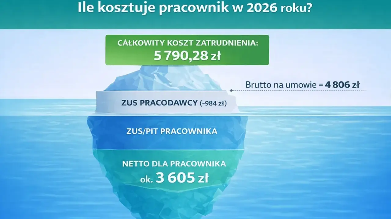 Wykres lodowca pokazujący koszty zatrudnienia pracownika: całkowity koszt, ZUS pracodawcy, ZUS/PIT pracownika, netto dla pracownika.