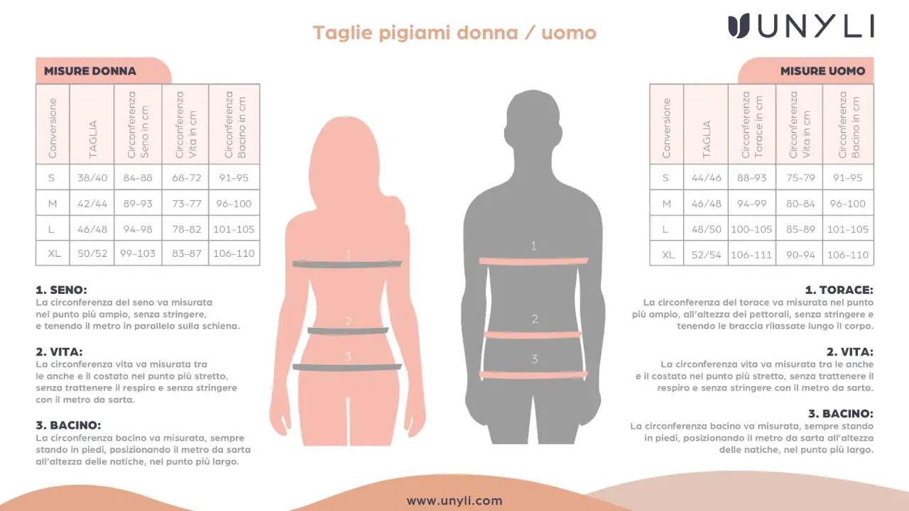 Tabella taglie pigiami: la taglia 48 da donna corrisponde a una circonferenza vita 78-82 cm e bacino 101-105 cm.