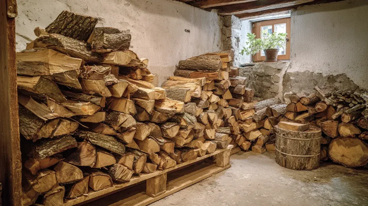 Holzstapel im Keller, bereit als biomasse holz für den Winter. Ein Fenster mit Pflanze erhellt den Raum.