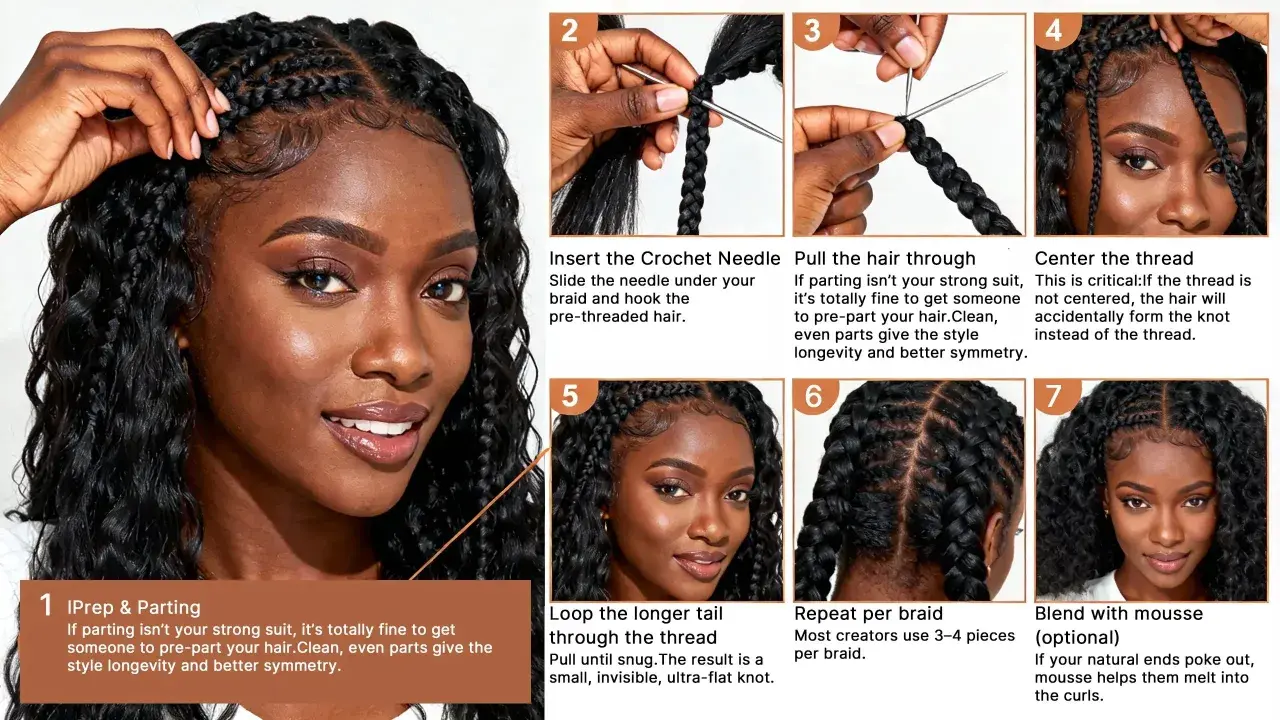 Guía paso a paso para tejer trenzas de crochet, mostrando cómo insertar la aguja, pasar el cabello y asegurar el nudo.