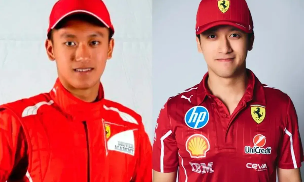 Zhou Guanyu, piloto de Ferrari, sonríe con su uniforme rojo.