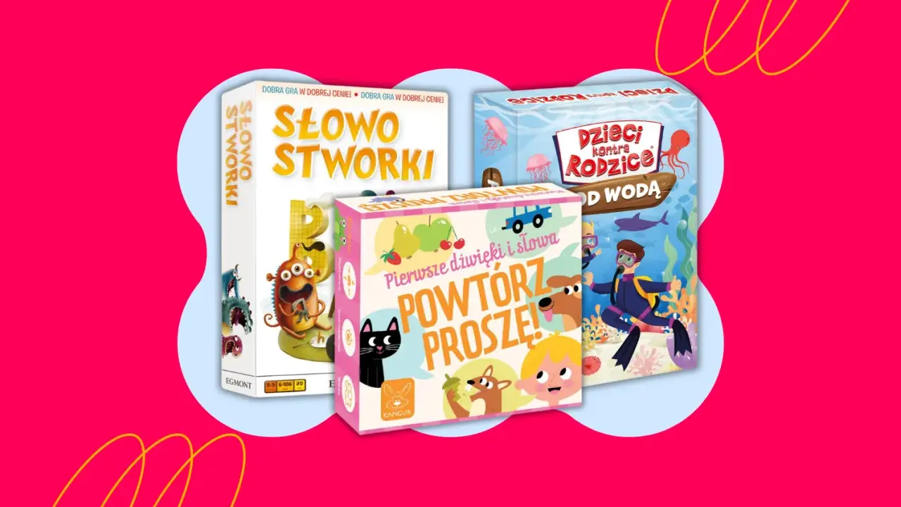 Kolorowe gry planszowe dla 5 latka: "Słowostworki", "Powtórz proszę!" i "Dzieci kontra Rodzice: Od wodą".