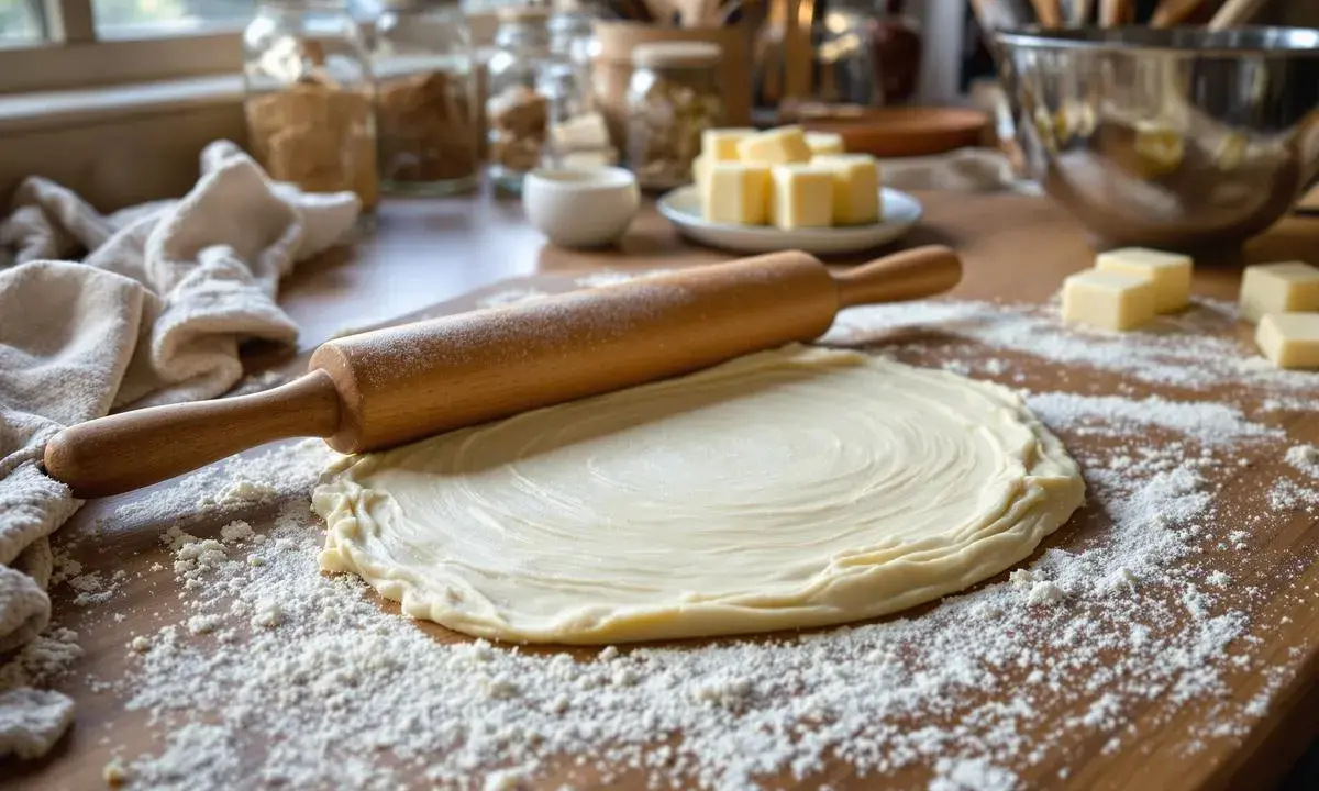 Rouleau à pâtisserie sur une pâte feuilletée étalée, saupoudrée de farine. Des cubes de beurre sont prêts pour la recette.