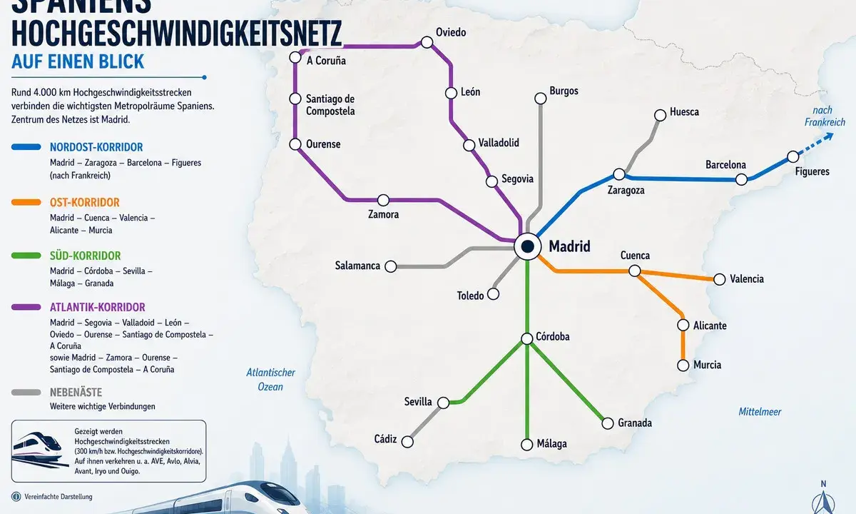 Karte des spanischen Hochgeschwindigkeitsnetzes mit Madrid als Zentrum. Verschiedene Korridore verbinden wichtige Städte wie Barcelona, Sevilla und A Coruña.