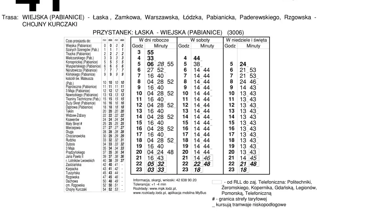 Rozkład jazdy tramwaju 41 na trasie Pabianice - Łódź. Zobacz przystanki i godziny odjazdów w dni robocze, soboty i święta.
