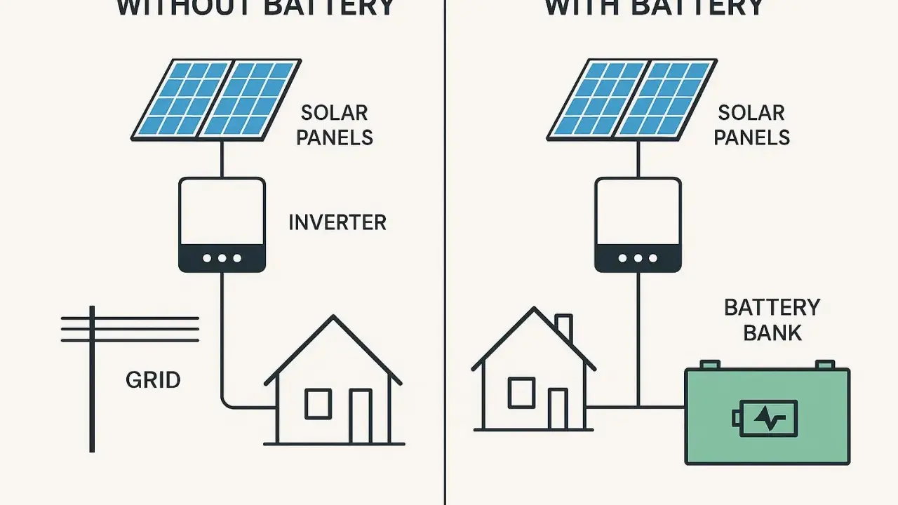 Jämförelse av solceller med eller utan batteri. Till vänster: solpaneler kopplade till växelriktare och elnätet. Till höger: solpaneler, växelriktare, batteribank och hus.