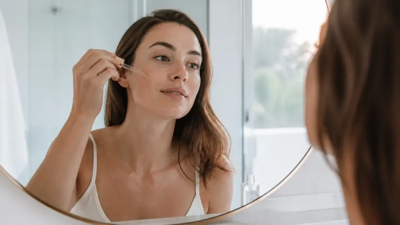 Une femme applique un sérum à l'acide glycolique sur son visage, reflétée dans un miroir.