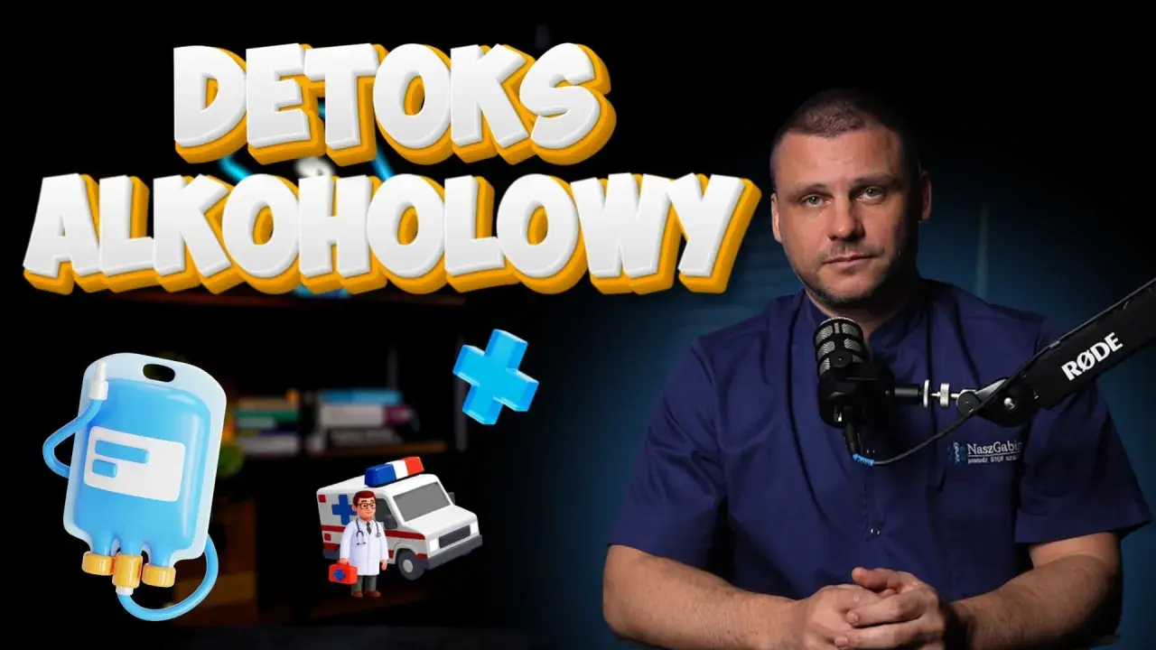 Wlewy witaminowe skutki uboczne. Lekarz omawia detoks alkoholowy, obok kroplówka, karetka i niebieski krzyż.