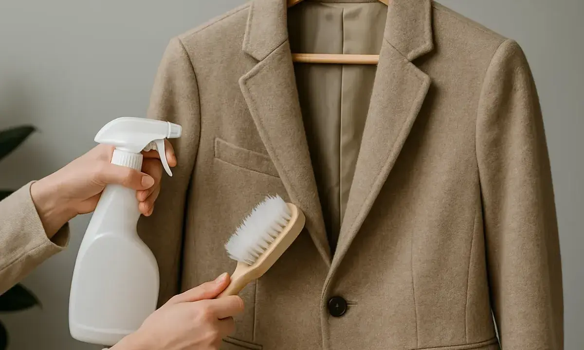 Manos aplicando spray y cepillo a una americana beige. Aprende como lavar una americana en casa.
