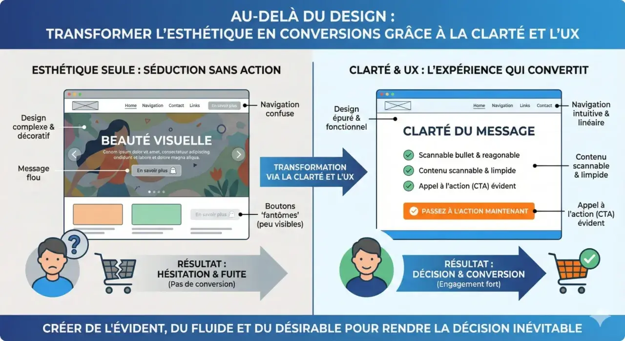Comparaison de la structure d'une page web : esthétique seule vs clarté et UX pour la conversion.
