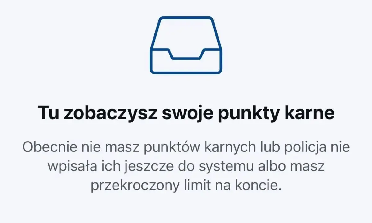 Ikona folderu i tekst: "Tu zobaczysz swoje punkty karne". Informacja, że nie masz punktów lub policja ich jeszcze nie wpisała. Dowiedz się, po jakim czasie kasują się punkty karne.