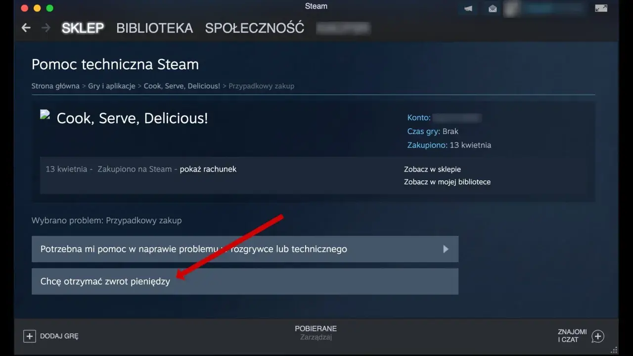 Interfejs Steam z opcją zwrotu pieniędzy za grę "Cook, Serve, Delicious!".
