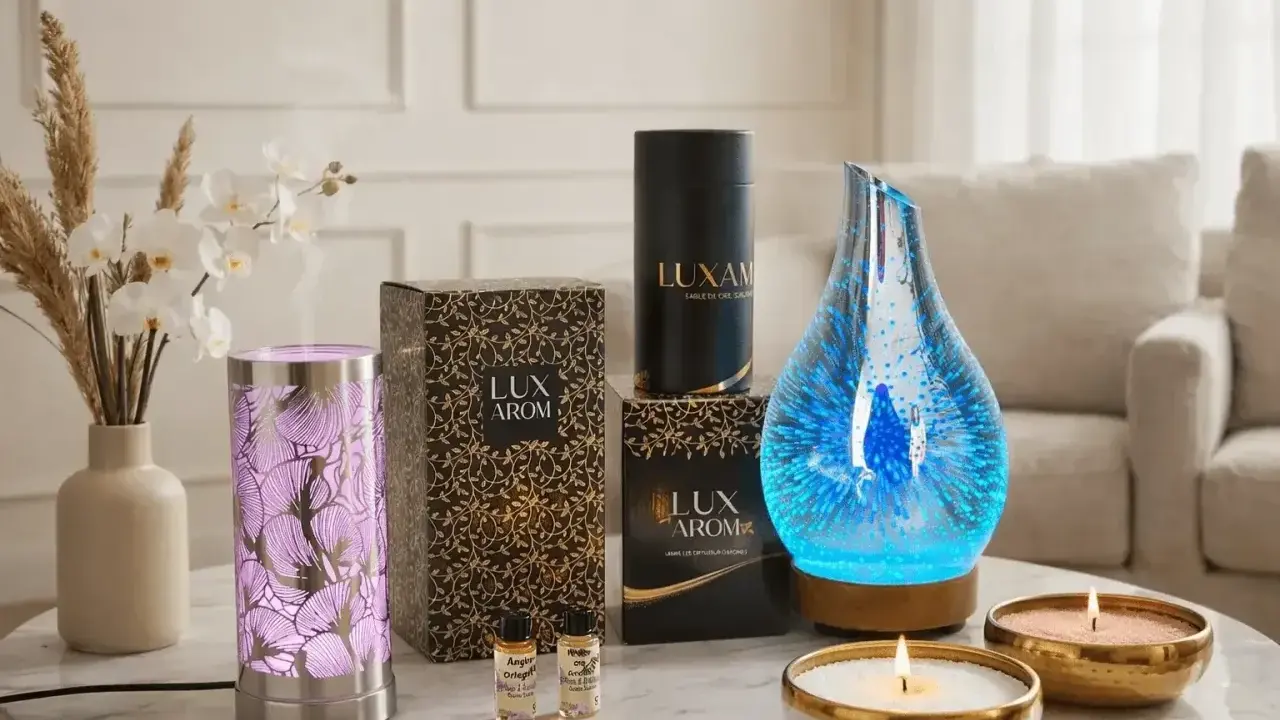 Ambiance relaxante avec diffuseur lumineux, bougies parfumées et huiles essentielles pour un **arôme intérieur** apaisant.