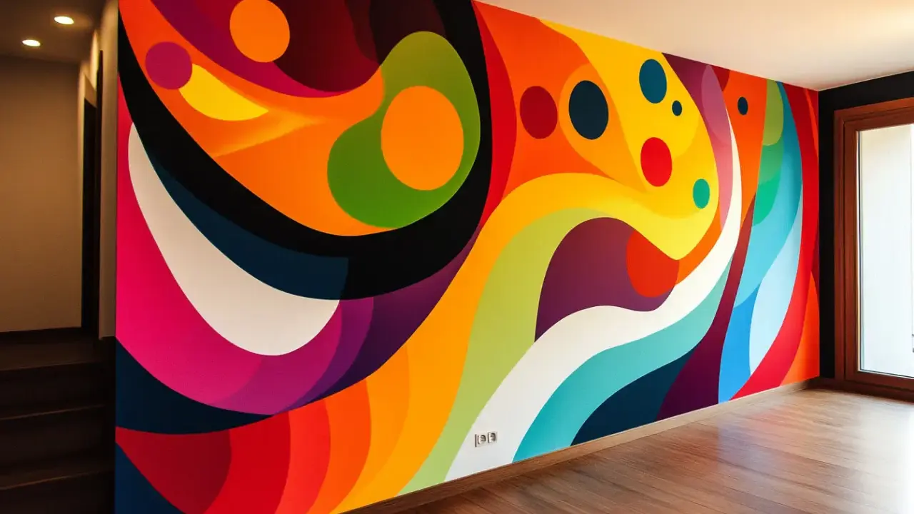 Un mur aux couleurs vives, un motif abstrait audacieux pour une idée motif peinture murale.