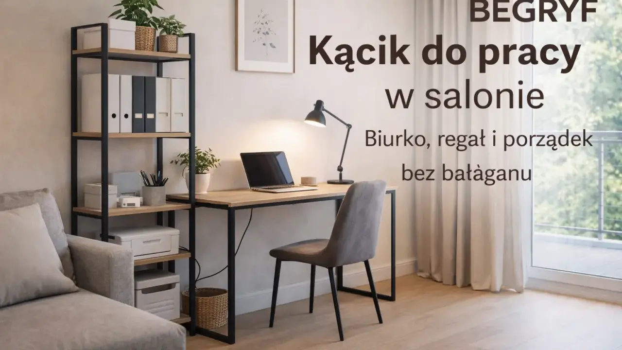 Kącik do pracy w salonie: biurko, regał i porządek bez bałaganu. Idealne miejsce do pracy i nauki.