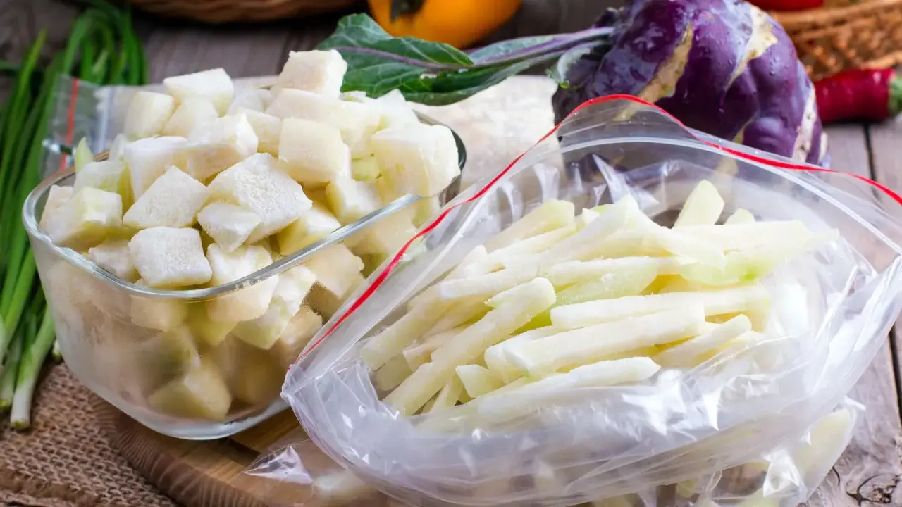 Kohlrabi einfrieren roh: gewürfelte und Stifte im Gefrierbeutel und Schüssel, bereit für die Lagerung.