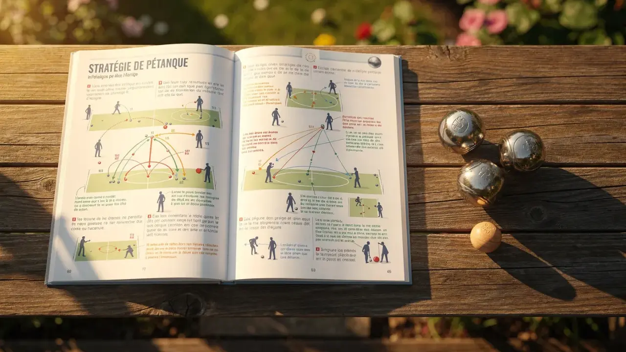 La pétanque pour les nuls : un livre ouvert sur une table en bois, entouré de boules de pétanque.