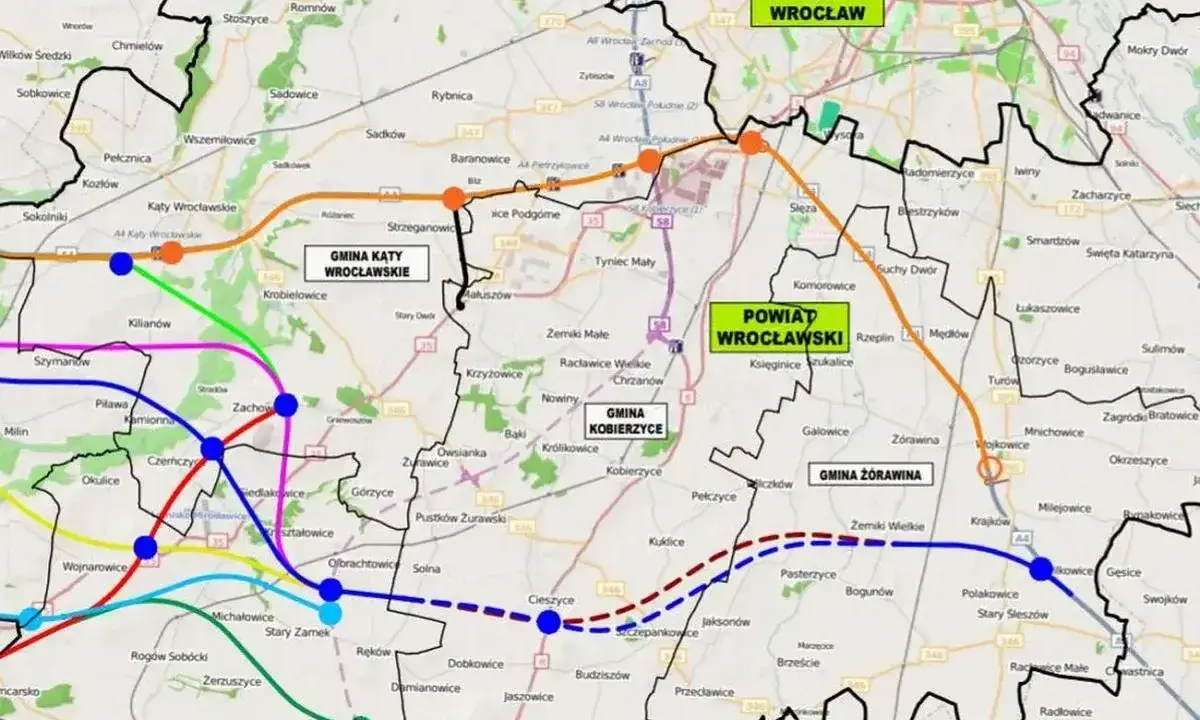 Mapa przedstawia plan budowy autostrad w Polsce do 2041 roku, z zaznaczonymi trasami wokół Wrocławia i okolicznych gmin.