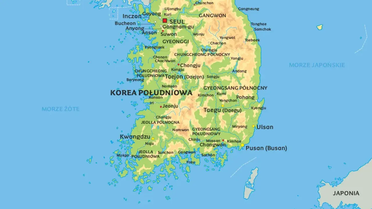 Mapa Korei Południowej z zaznaczonymi miastami jak Seul, Pusan i wyspa Czedżu.